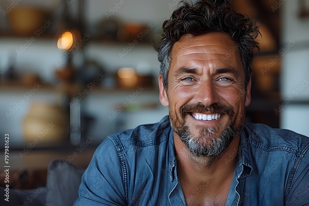 portrait of a smiling happy middle aged matured man in casual wear looking at camera, sitting on a couch at home/ at a restaurant