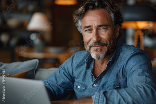 portrait of a smiling happy middle aged matured man in casual wear working with his laptop, attending online meeting, checking financial apps, buying online, looking at camera