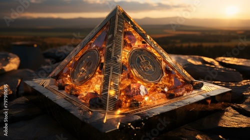b'A golden pyramid made of Bitcoin and crystals' photo