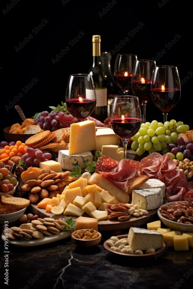 b'A delicious spread of cheese, grapes, and wine' b'A delicious spread of cheese, grapes, and wine'