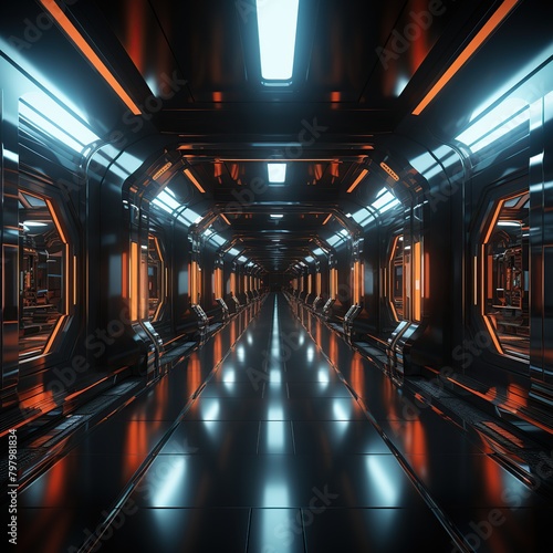 Futuristic corridor with glowing lights, photo
