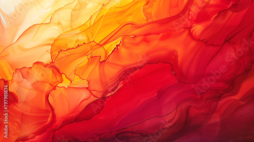 An abstract alcohol ink art piece that features a fiery blend of reds and oranges, evoking the dynamic beauty of a sunset. 