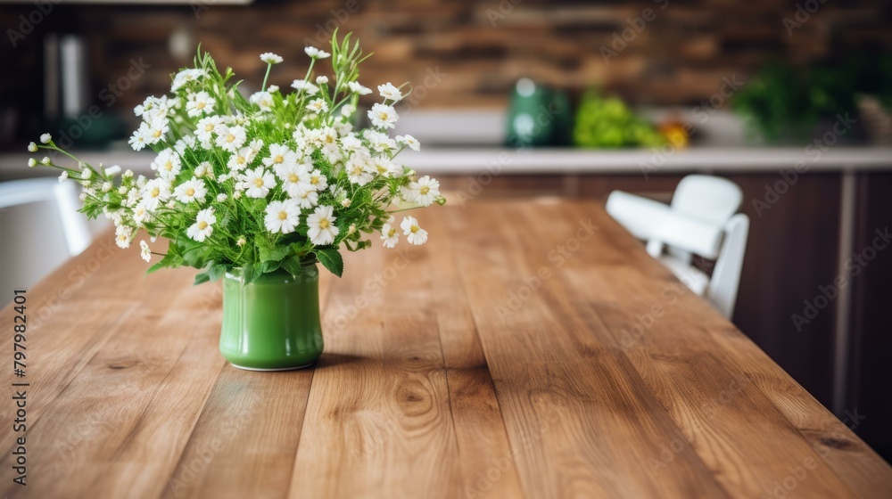 b'A beautiful bouquet of white daisies in a green vase sits on a wood table.' b'A beautiful bouquet of white daisies in a green vase sits on a wood table.'
