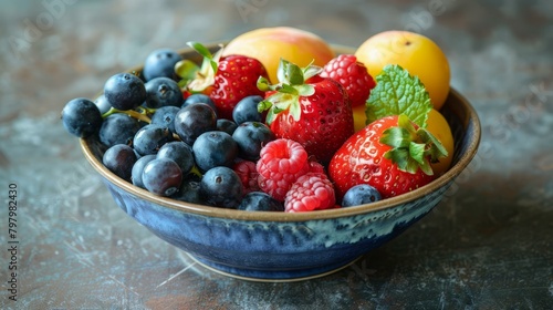 b Blueberries  strawberries  and raspberries in a bowl 