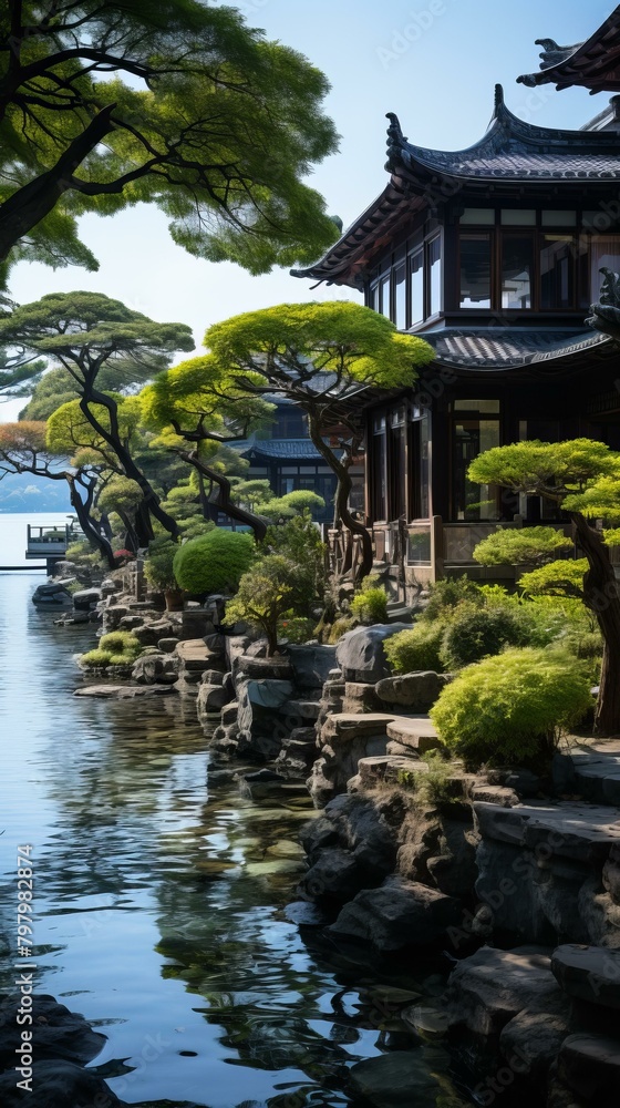 b'oriental garden with lake and traditional chinese architecture'