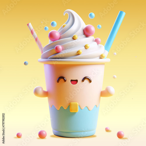Cheerful 3D cartoon milkshake character. Playful and vibrant, perfect for designs. Cute and engaging for various projects