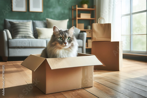 A cat sits in a cardboard box on the living room floor. Cozy domestic scene with adorable pet photo