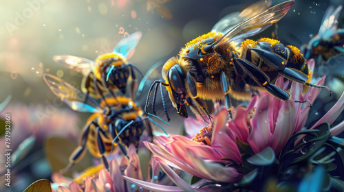 Bee robot designed for plant pollination  flying over a meadow.