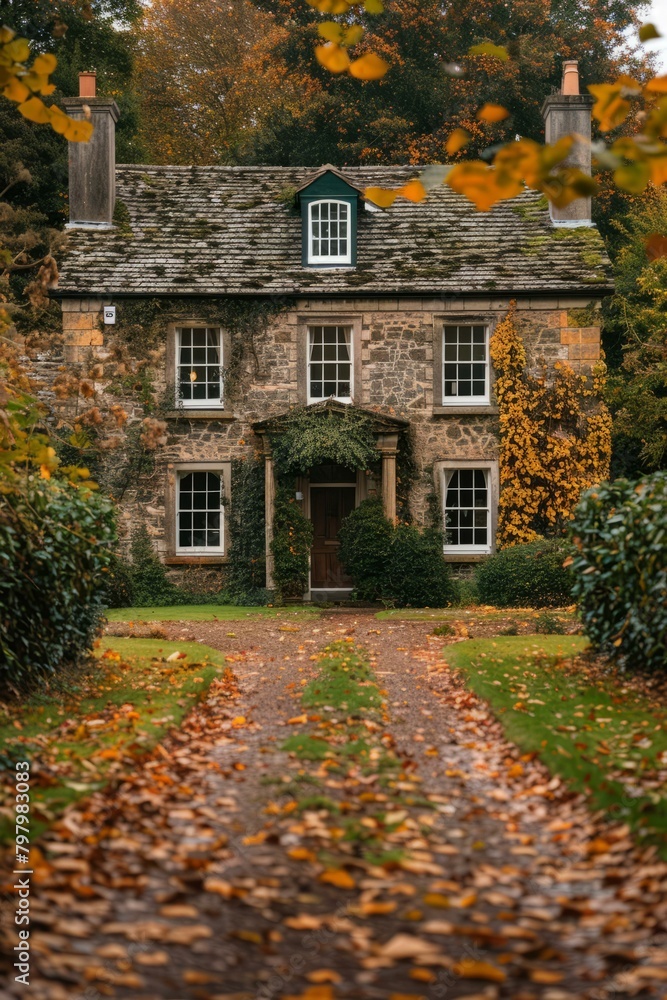 b'Stone country house with colorful autumn leaves'