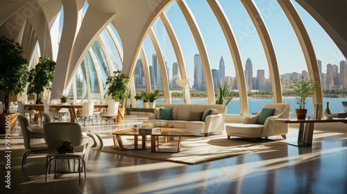 b'Modern interior design living room with large windows overlooking city skyline' © Adobe Contributor
