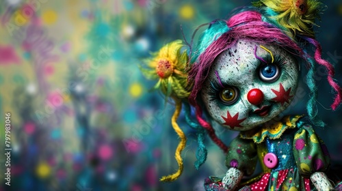 Bold artistic depiction of a retro stuffed doll featuring button eyes, rendered in a dynamic and expressive style inspired by pop art, capturing its playful charm and retro flair with vibrant colors