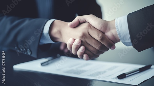 Business negotiation meeting involves handshake and contract signing, sealing agreements and formalizing terms between parties for mutual understanding and commitment.
 photo