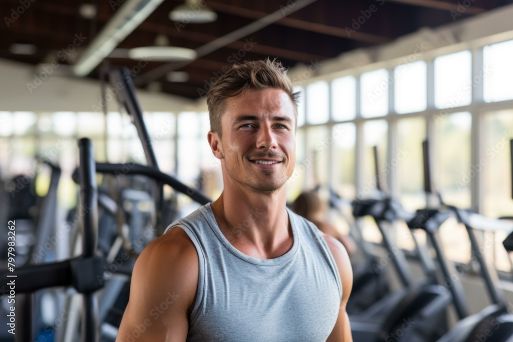b'Handsome muscular man in sportswear standing in the gym and looking away' b'Handsome muscular man in sportswear standing in the gym and looking away'