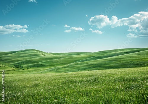 b'Green rolling hills under blue sky and white clouds'