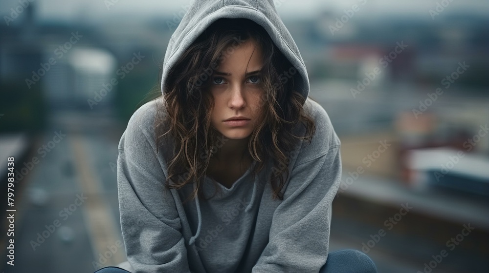 b'Portrait of a serious young woman in a gray hoodie looking at the camera'