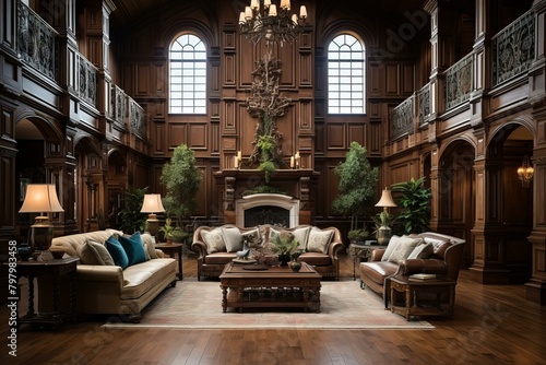 b'A wooden living room with a fireplace and a tree carving'