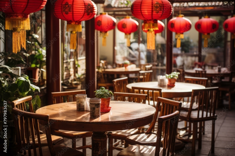 b'Ornate red paper lanterns hang above round wooden tables and chairs in a restaurant'