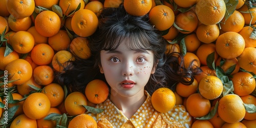 A young woman lying in a pile of oranges