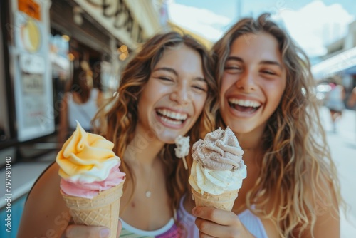 Two young women laughing and eating ice cream cones