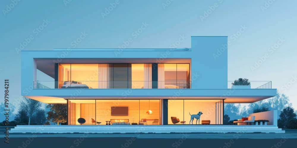 b'Modern house exterior with large glass windows and a terrace with a dog'
