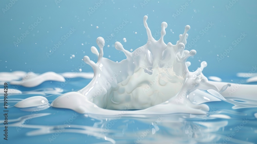 Realistic milk splash, splashing in milk pool with isolated on blue background Realistic milk splash, splashing in milk pool with isolated on blue background