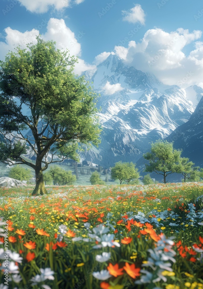 Colorful flowers and green trees with snow-capped mountains in the distance