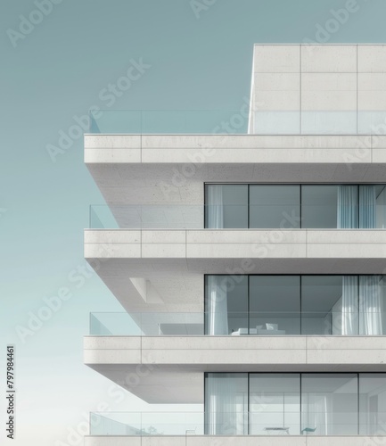b'Modern Minimalist Apartment Building With Glass Windows And Balconies'