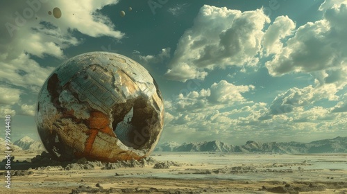 b'A broken sphere in the middle of a desert' photo