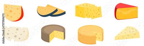 PNG, Fresh parmesan or cheddar. Set of cheese wheels and slices isolated on a white background. Various types of cheese. Modern flat style realistic icons. Vector illustration