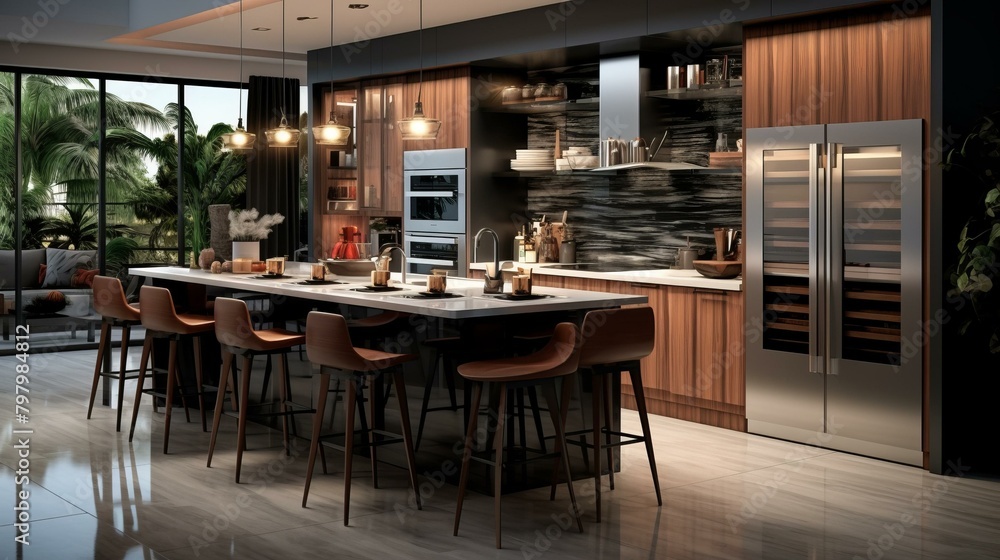 b'Modern kitchen interior design with large island and stainless steel appliances'