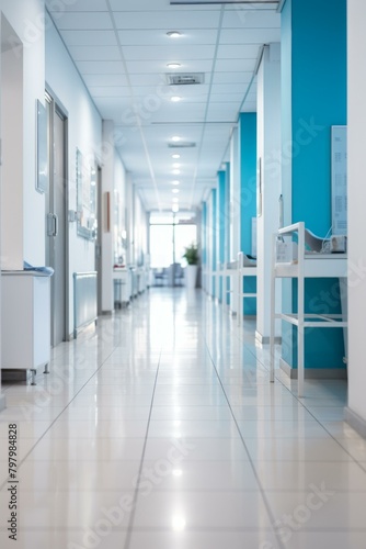 b'An empty hospital hallway with blue walls and white floors'