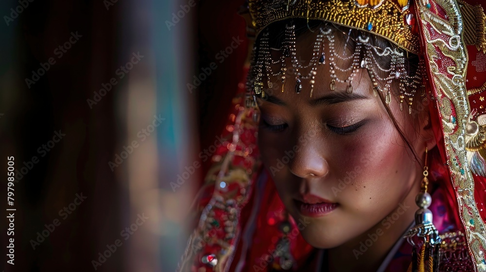 Captivating fashion photography session highlighting the beauty of a Tibetan girl wearing intricately designed Tibetan-element fashion, blending cultural heritage 