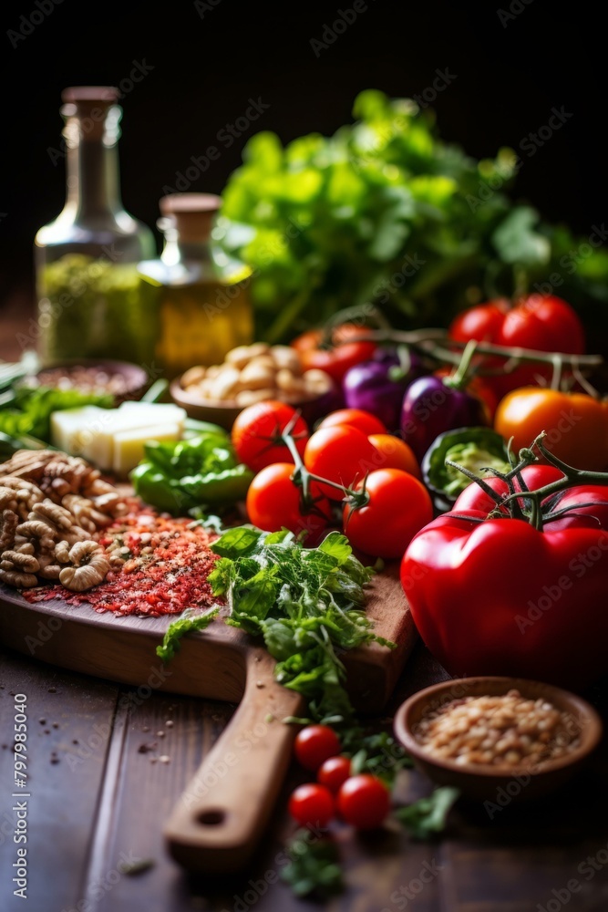 b'A variety of fresh vegetables and nuts are arranged on a wooden table.' b'A variety of fresh vegetables and nuts are arranged on a wooden table.'