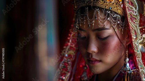 Captivating fashion photography session highlighting the beauty of a Tibetan girl wearing intricately designed Tibetan-element fashion, blending cultural heritage 