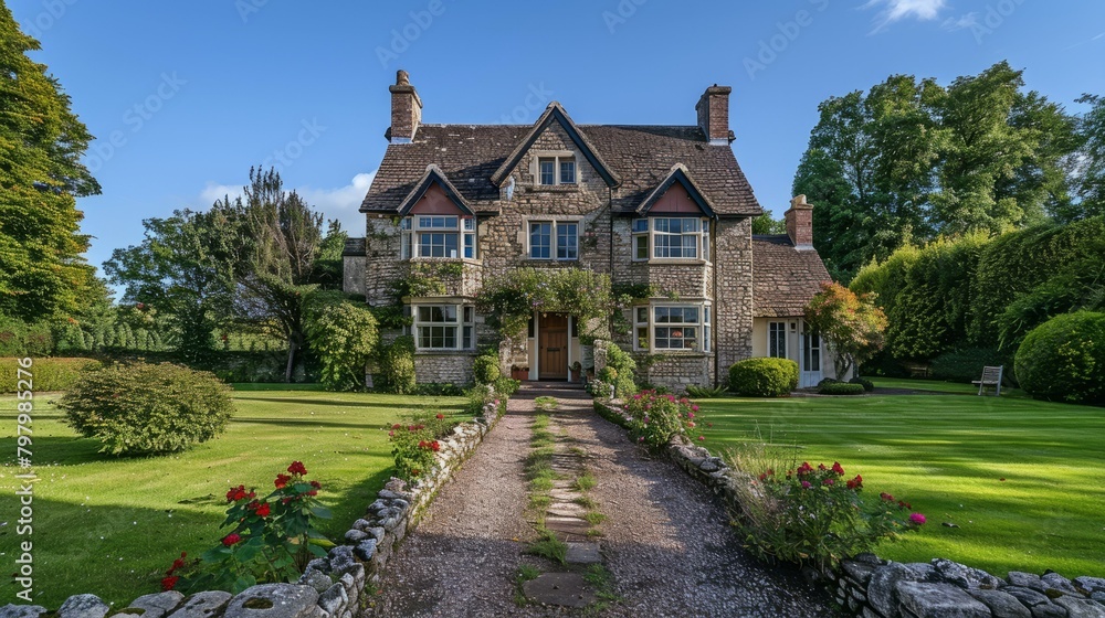 b'An English country house surrounded by trees and flowers' b'An English country house surrounded by trees and flowers'