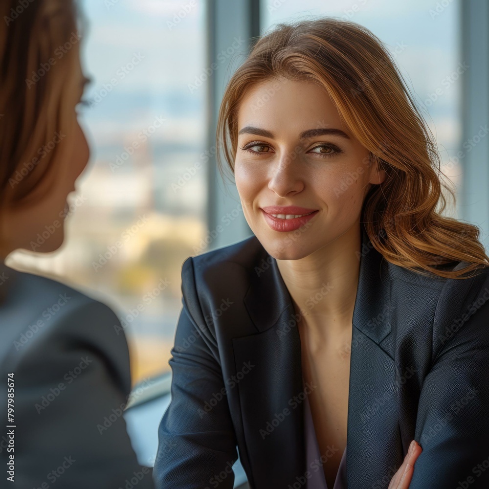 b'Two businesswomen having a conversation in an office'