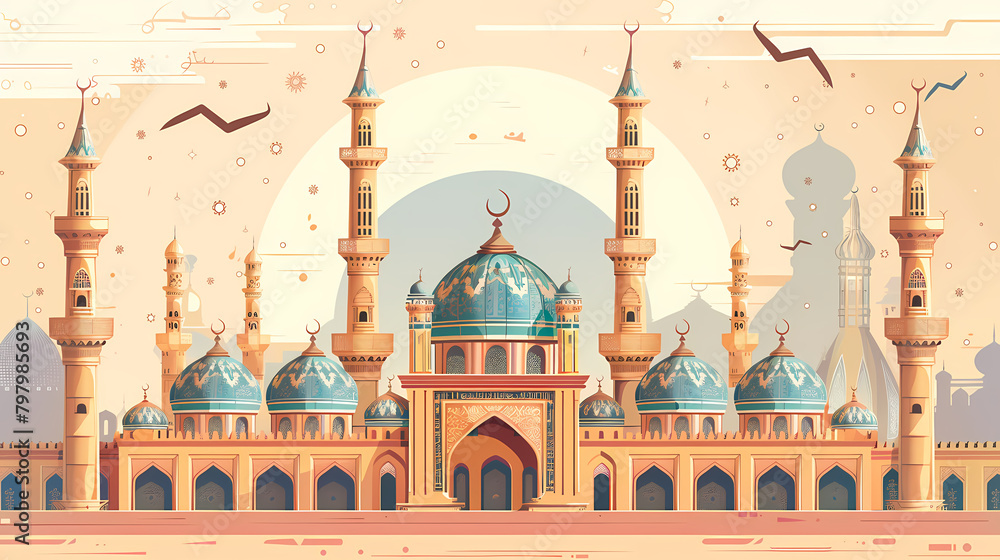 poster template with ornament lettern and mosque vector background design