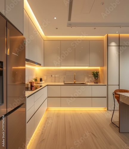 b'Modern minimalist kitchen design with warm lighting'