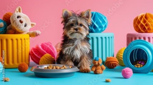 Pet Care Essentials: Photos of essential pet products like food bowls, toys, and grooming tools photo