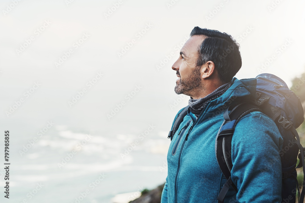 Hiking, nature and man on mountain thinking with backpack for adventure, trekking and freedom. Travel, fitness and person outdoors for wellness, fresh air and exercise on holiday, journey or vacation Hiking, nature and man on mountain thinking with backpack for adventure, trekking and freedom. Travel, fitness and person outdoors for wellness, fresh air and exercise on holiday, journey or vacation