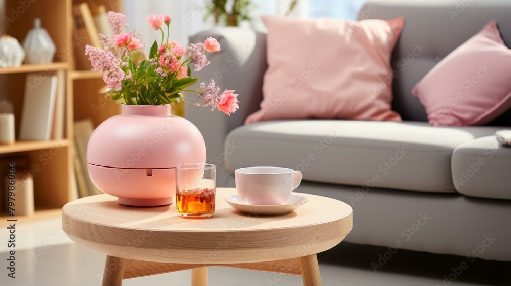 b'Elegant pink home interior with flowers and tea' b'Elegant pink home interior with flowers and tea'