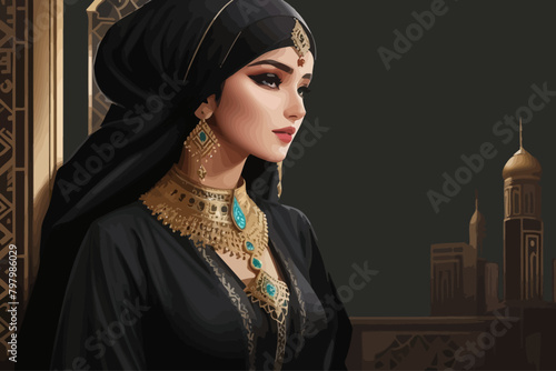 a beautiful Arabic woman wearing black abaya illustration