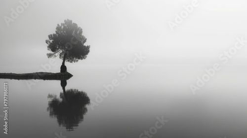 b black and white photo of a lonely tree in the middle of a lake with fog 