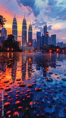 b'Cityscape of Kuala Lumpur City Center with reflection on the ground after rain' photo