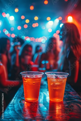 b'Two plastic cups with orange soda on a bar with blurred people in the background'