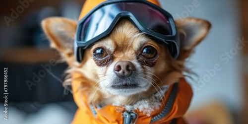b'A cute chihuahua dog wearing a ski goggle and a jacket'