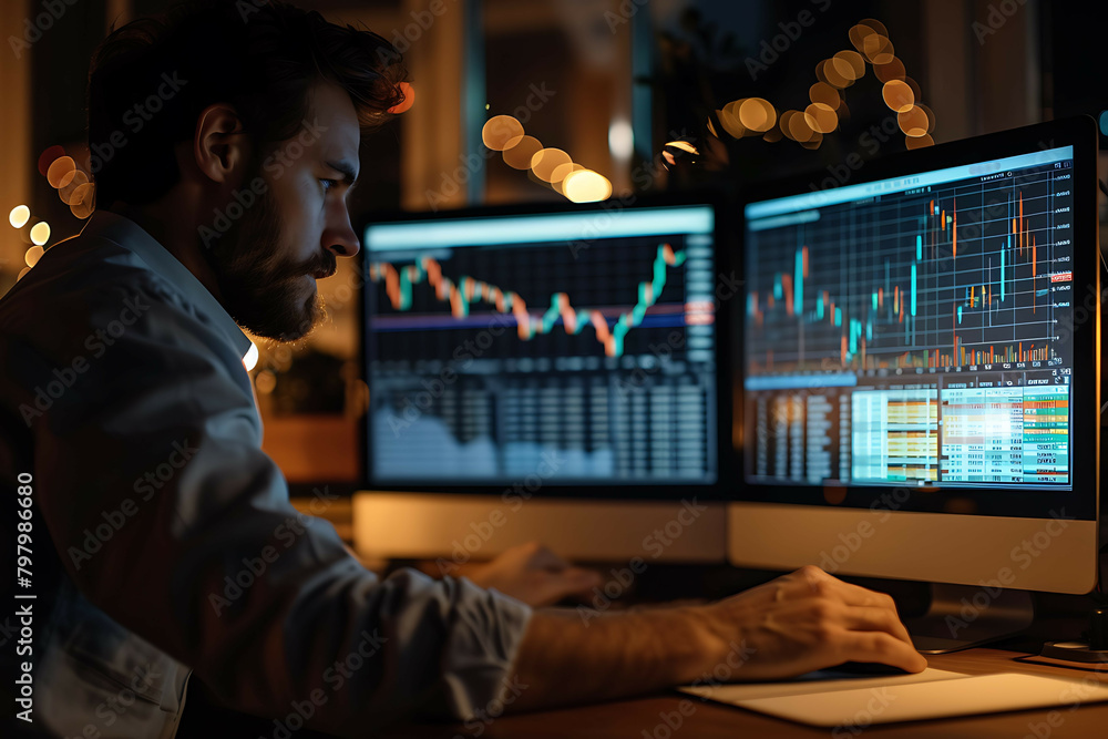 Side view of concentrated trader working on computer in dark home ...