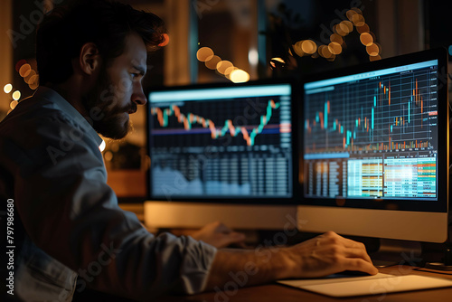 Side view of concentrated trader working on computer in dark home  office at night to trade stock market on digital trading platform.
Business concept for online stock trading.
