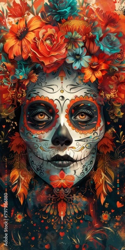 b'A depiction of a skull with colorful floral elements'