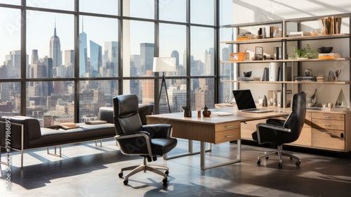 b'Modern office interior with large windows and city view'